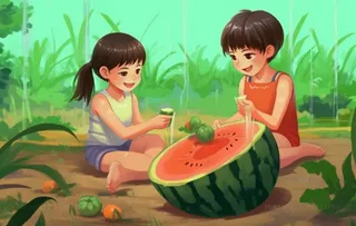 土地上吃西瓜的少年背景