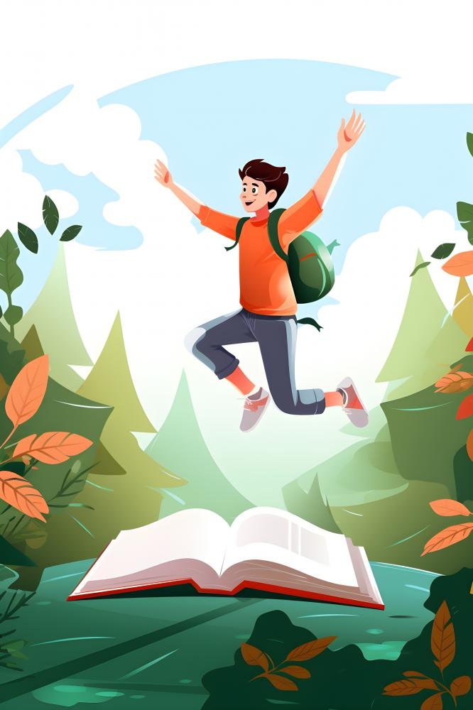 学生跳跃书籍花草背景