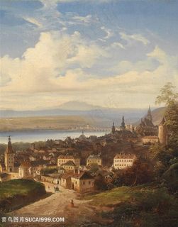 乡村湖畔美景油画