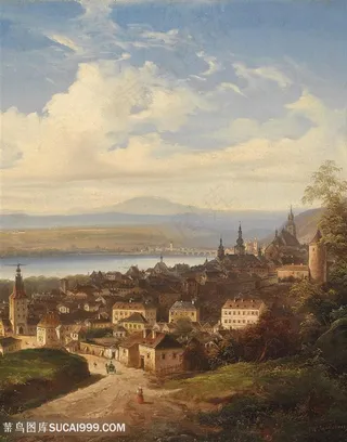 乡村湖畔美景油画