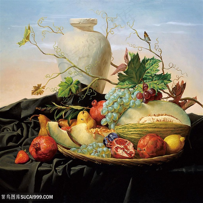 高清唯美花瓶与水果油画图片素材