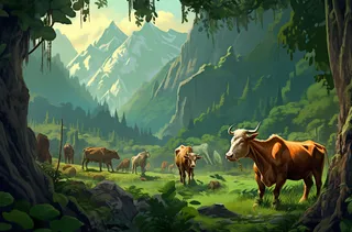 一群奶牛和山羊在山上的绿色草地上插画