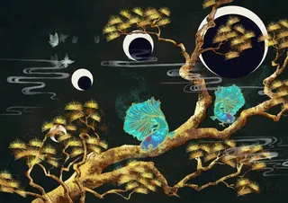 国潮鎏金复古烫金国风孔雀仙鹤装饰画素材PSD