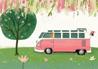 清新可爱春日郊游旅行房车粉绿蜡笔插画手绘草坪，惊蛰春分