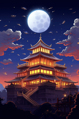 中秋月圆古建筑插画素材