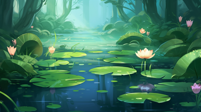 夏日森林湖泊荷叶睡莲卡通插画背景