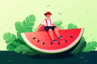 卡通插画坐着西瓜上面的男孩绿植素材