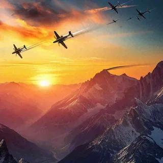 落日下的连绵山脉，飞机战斗机，冰川云海