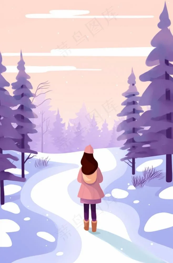 冬天下雪女孩走在森林的道路白雪紫粉色卡通插画背景(896x1360)