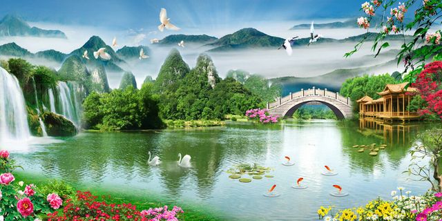 流水生财山水木房花卉风景