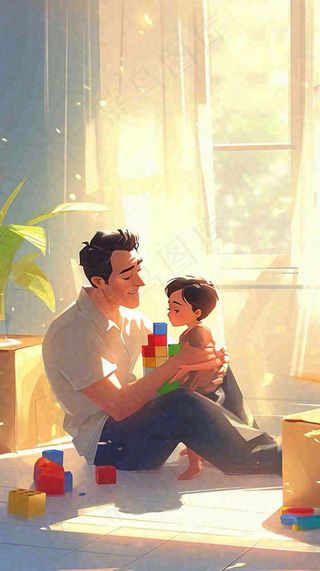 父亲节温馨父爱陪伴孩子玩耍手绘插画