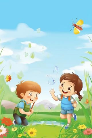 清新儿童草地玩耍海报背景