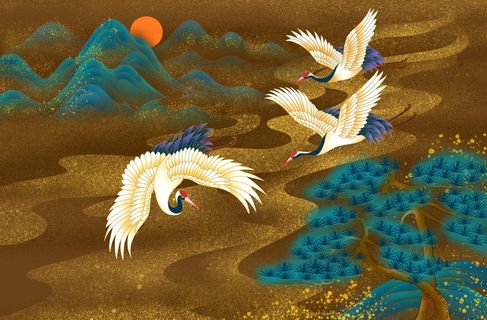 国潮烫金中国风仙鹤装饰画海报