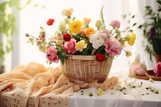 竹篮里的鲜花五颜六色室内摄影图