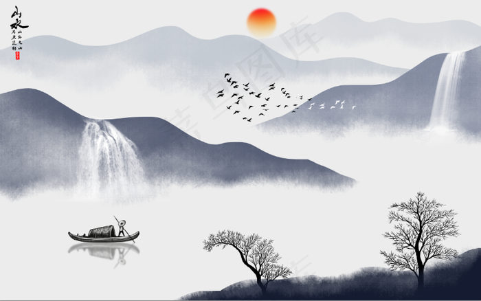 山水日出小舟图客厅卧室装饰画玄关画