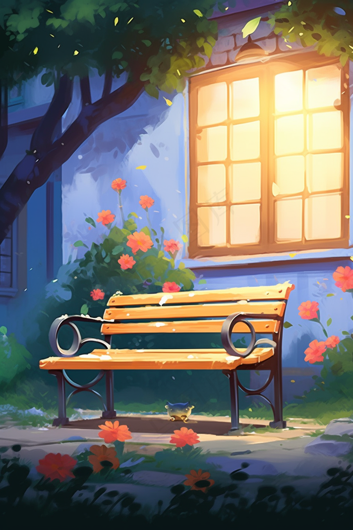 门前长椅花园卡通手绘插画背景(2688x4032)