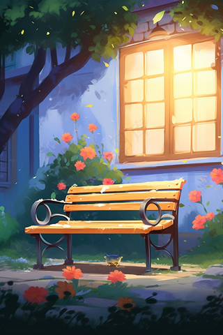 门前长椅花园卡通手绘插画背景