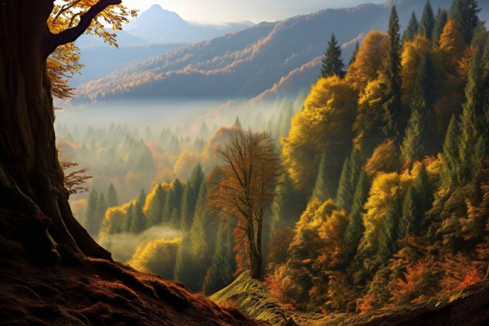 秋天森林山脉高山云层雾气摄影图