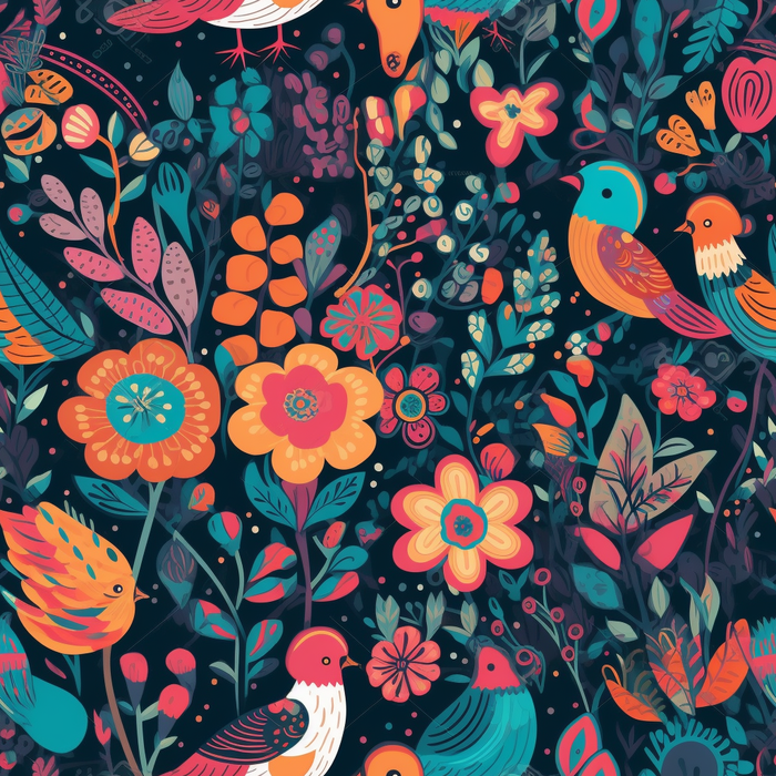 花鸟图，插画风格，无缝贴图，素材