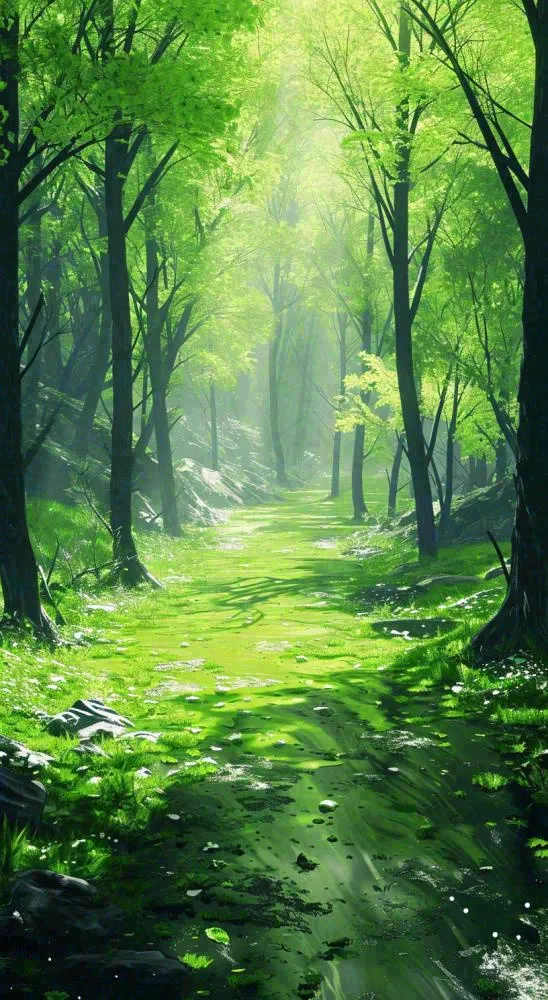 春天绿树成荫的树林里面阳光洒下小溪溪水飘着树叶(816x1488)