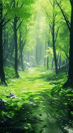 春天绿树成荫的树林里面阳光洒下小溪溪水飘着树叶