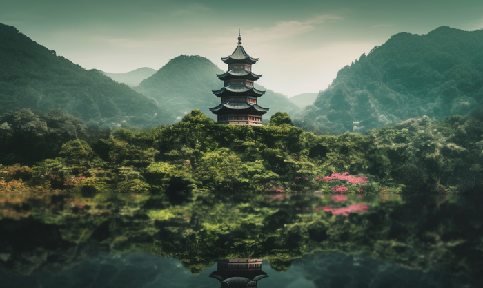 倒影水中的宝塔背后的树木山景风格摄影图(4272x2544)