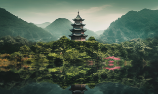 倒影水中的宝塔背后的树木山景风格摄影图