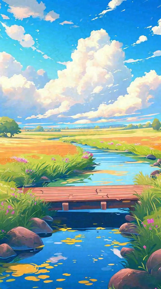 春天草坪河流小溪蓝天白云清新阳光手绘插画，立春春分(816x1456)