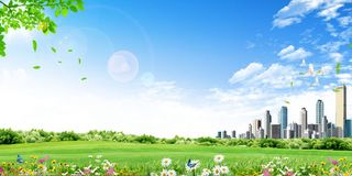 春天小清新自然蓝天白云城市背景素材