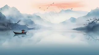 江南水乡水墨画山水船桃花插画