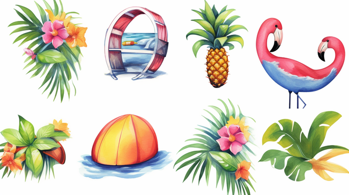 夏日炎热热带植物海边元素卡通插画(x)