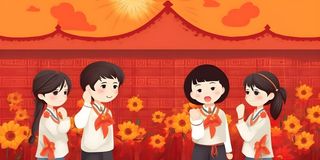 学生中国红祖国繁花背景