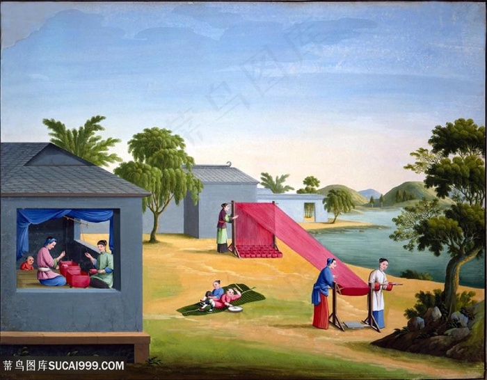 古代纺纱集市贸易场景绘画图片