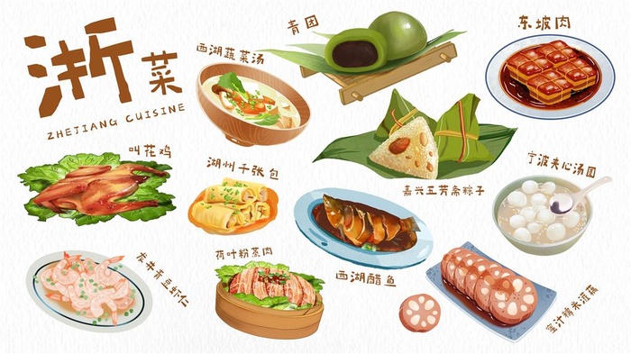 美食插画浙江菜粽子插画烧鸭烤鸭psd模版下载