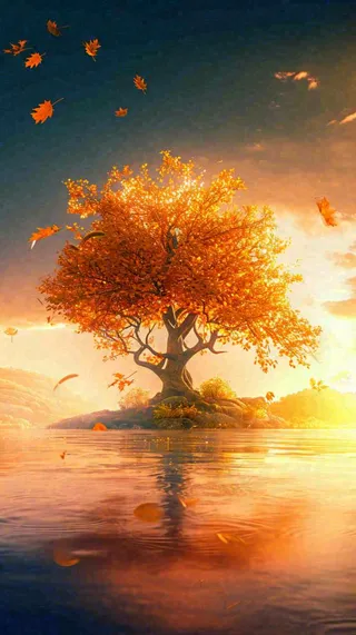 秋天树木的秋叶在河面上飘扬，金黄色温馨，秋分