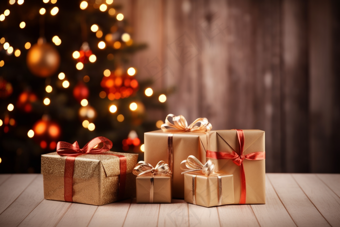 圣诞礼物圣诞树灯氛围摄影图