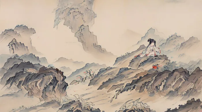 大气写意中国传统工笔画山水插画壁纸-采花女