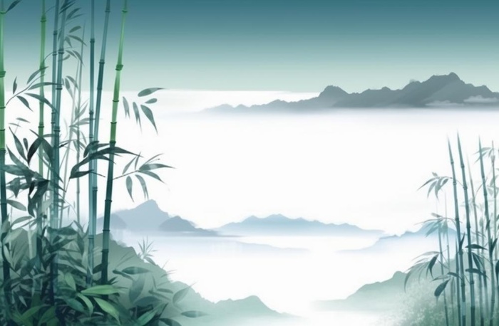 中国山水竹子水墨画绿色背景(1344x880)