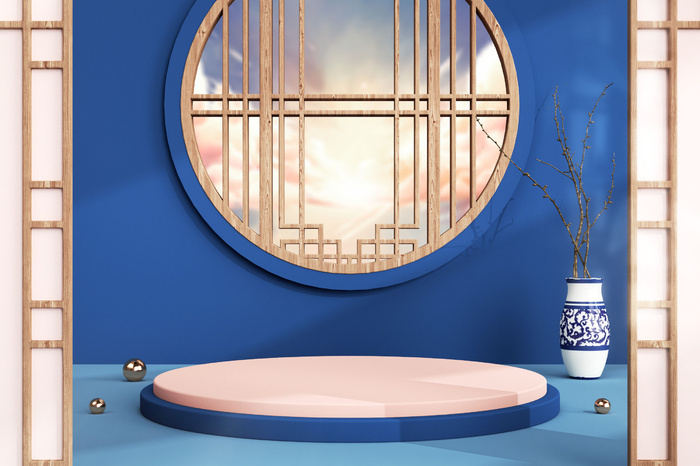 中国风古典喜庆C4D背景图3D国潮场景促销活动海报PSD设计素材模板