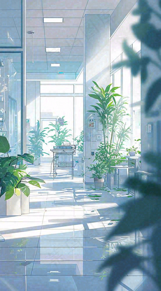 夏天明媚的阳光洒进办公室绿色的植物在办公室走廊上，线性插画手绘(816x1472)