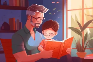 父子看书学习温馨插画背景