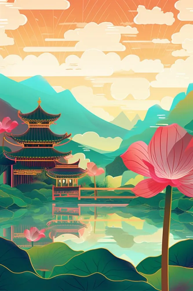 国潮夏日清新荷花建筑插画背景(896x1344)