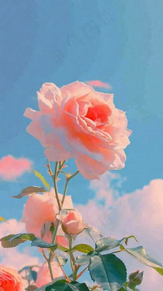 春天蓝天白云阳光下的浪漫粉色玫瑰枝叶绿叶