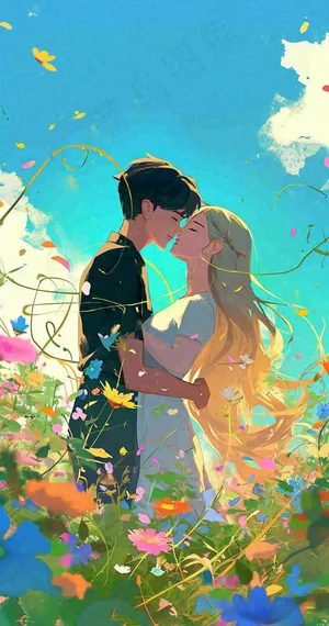 蓝天白云下情侣拥抱亲吻爱情,鲜花小草,情清新人节 蓝天白云下情侣拥抱亲吻爱情,鲜花小草,情清新人节