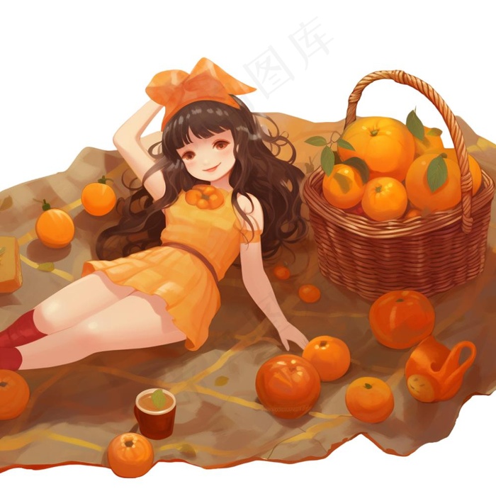 秋日野餐户外活动少女欢乐橙色卡通插画免抠(1024x1024)
