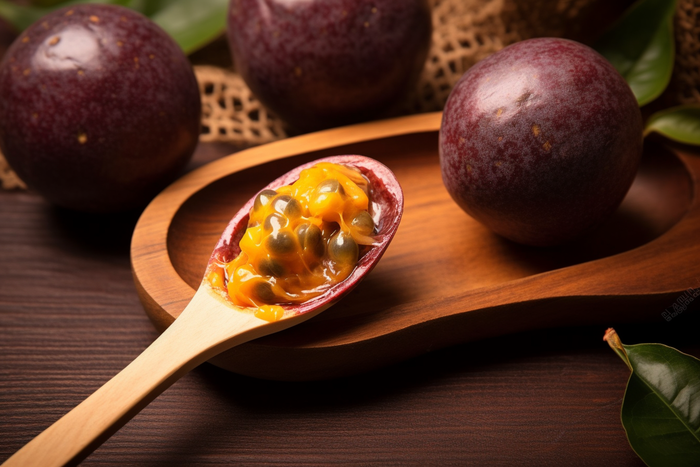 百香果勺子挖开水果摄影图