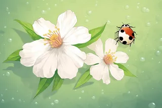 春夏白色花朵绿叶瓢虫昆虫卡通插画绿色背景