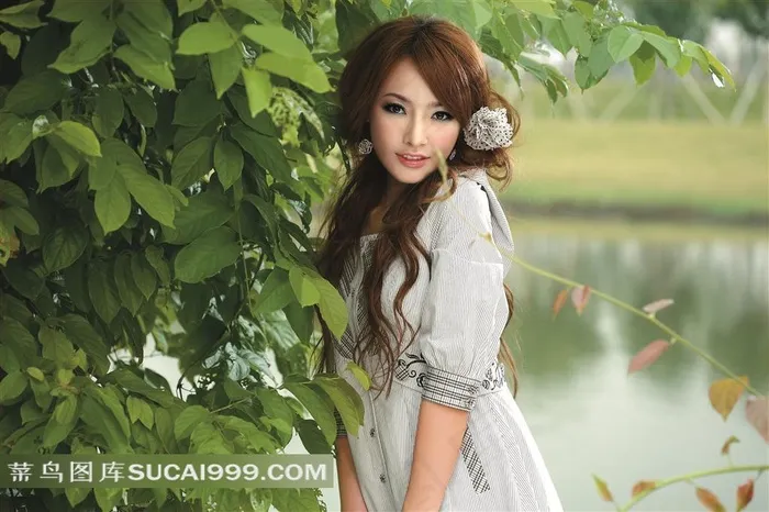 靠郁葱树木的清纯美女摄影高清图片