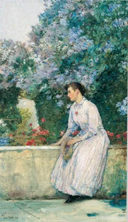 公园旁坐着的女士风景画油画 公园旁坐着的女士风景画油画