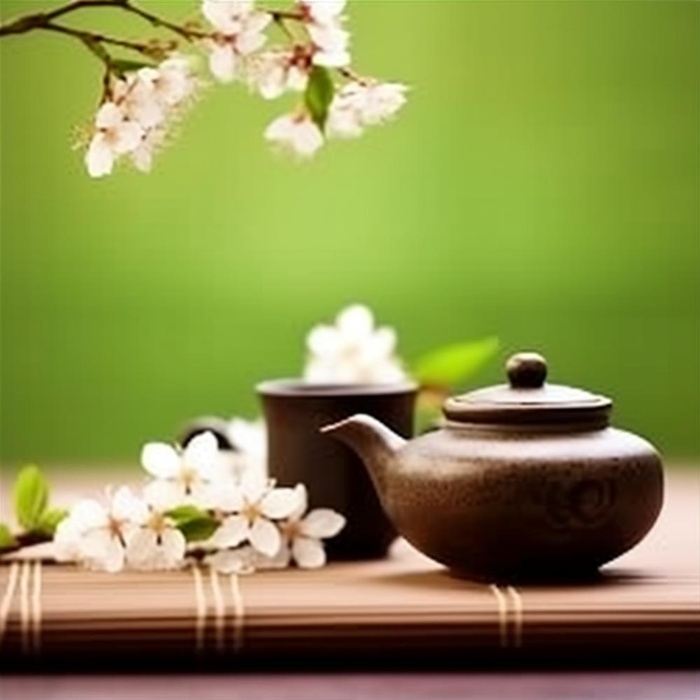 茶壶杯子梨花绿色背景(1024x1024)